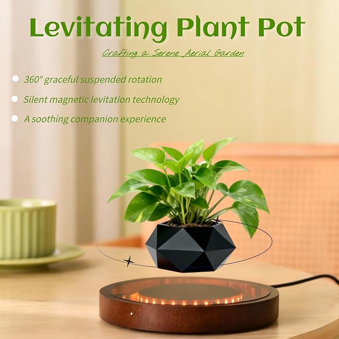 MOOCCI Magnetic Levitation Lamp, Floating Plant Pot with Glowing Base for Home Decor, Creates Romantic Ambiance, Modern Nightstand Lamp and Thoughtful Gift for Lover (Black)