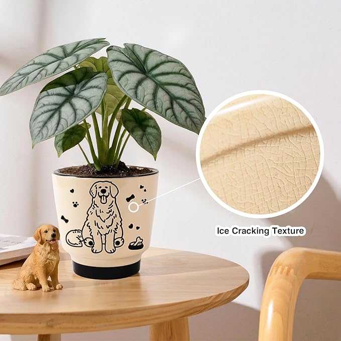 STHIE 5 Inch Ceramic Planters for Indoor Plants, Round Plant Pots with Drainage, Decorative Cute Flower Pot, Cactus Snake Planter for Windowsill (Sweet Dog)