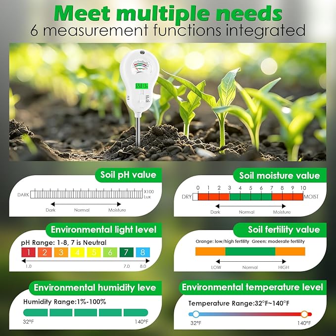 6-in-1 Soil Test Kit with 3 Replaceable Probes, Soil Tester for Gardening, Plant Water Meter, Soil pH Tester for Soil Fertilizer, Sunlight & LCD Display Air Temperature Humidity Sensor
