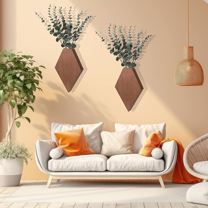 Chunful 2 Pcs Wooden Wall Planter Decor Hanging Faux Plants Greenery Flowers Holder Vase Boxes for Wall Bohemian Farmhouse Room Kitchen Office Indoor Decoration(Walnut Color,9.8 x 6.6 x 1.2 Inches)