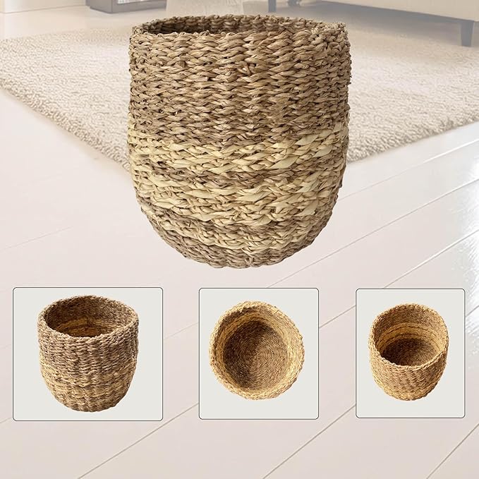 LAQUEDECRAFT Small Seagrass Basket | Handwoven Natural Waste Bin for Garbage, Storage, or Holding Planters | Ideal for Bathroom, Bedroom, Office, or Under Desk Use (Seagrass)