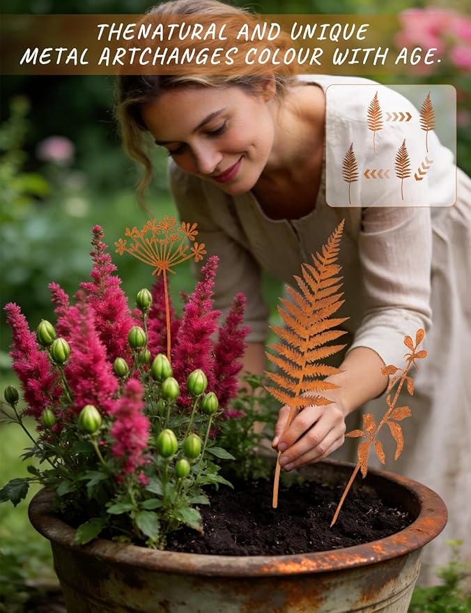 6 Pcs Metal Flowers for Outside, Decorative Garden Stakes with Rusted Finish, Outdoor Metal Yard Art Plant Stakes for Flower Bed Lawn Walkway Decor