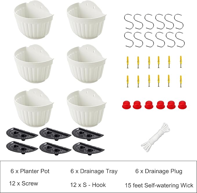 6 Pcs Plastic Large Wall Plant Pots Vertical Garden Living Wall Mounted Window Hanging Basket Fence Planters Indoor Outdoor for Plants Flowers Kitchen Herbs Holder with Drainage Decor White