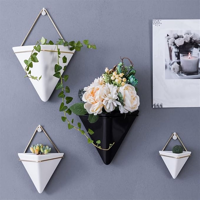 White,L,Wall Planters for Indoor Plants, Geometric Hanging Flower Vase Vessel with Metal Hanger, Creative Wall-Mounted Ceramic Planter