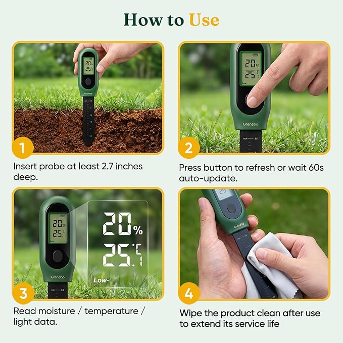 Grenebo 3-in-1 Soil Moisture Meter, Digital Plant Water Meter, Temperature & Sunlight Intensity Sensor, LCD Display Soil Tester for Gardening, Farming, Plant Care, Indoor & Outdoor Plants（Green）