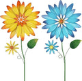 YEAHOME Garden Decor for Outside, 35.4“ Set of 2 Metal Flowers Decorative Garden Stakes for Spring Decor, Yard Art Flower Stakes for Outdoor Lawn Backyard Porch Garden Decorations (Yellow, Blue)