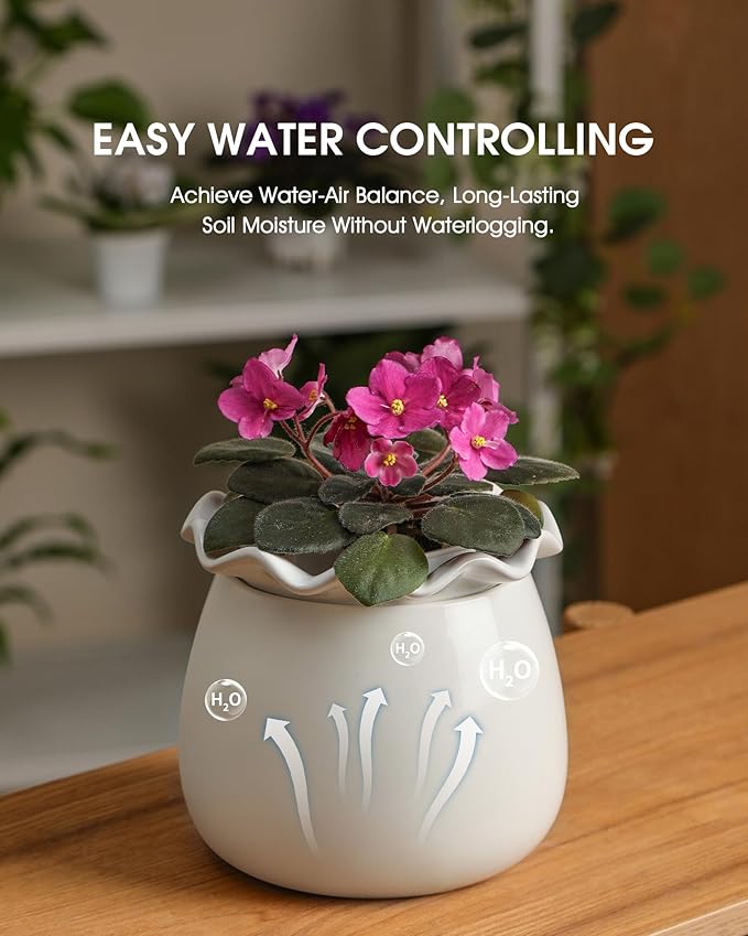 Fayoula Self Watering Plant Pot, 6 Inch African Violet Pots Maintenance, Ceramic Self-Watering Planter for Indoor Plants - Ideal Flower Pot for Thriving Indoor Gardens, White