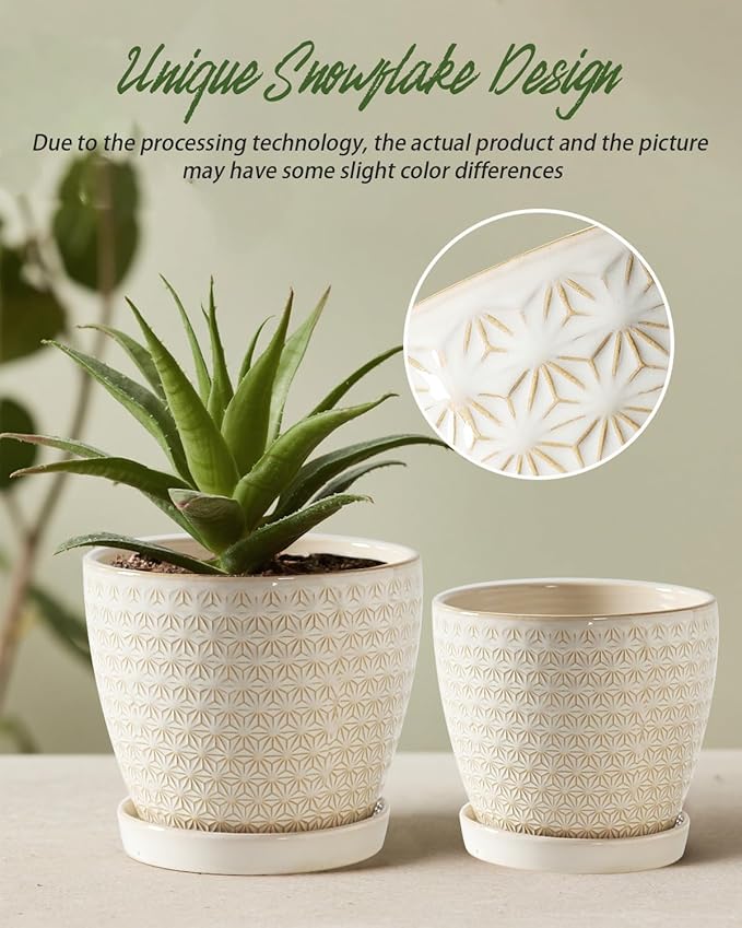 Plant Pots, Flower Pots, Planters for Indoor Plants(6.5+5.5inch), Flower Pots for Indoor Plant with Drainage Hole and Saucer, Ceramic Pots for Plants with Hole Mesh Pad,Reactive Glaze White