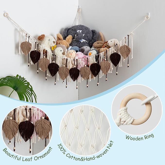 Pretty Jolly Macrame Stuffed Animal Hammock with Beads Hand Woven Leaf Tassels Corner Hanging Net Boho Plush Holder for Kid Room Nursery Decor Easy Install Organizer for Girls Gift(Brown)