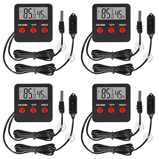 4Pcs Digital Thermometer and Humidity Thermometers Indoor and Outdoor Digital Temperature and Hygrometer Gauge with Probe for Reptile Terrarium Thermometer Pet Keeping