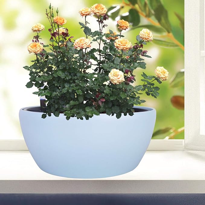 Vencer 11 Inch Plastic Round Self Watering Planter,Water Indicator,Modern Decorative Planter Pot for All House Plants Flowers, Herbs, Vegetables, Tropical,Ice Blue,VF-048B