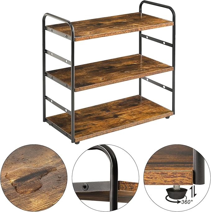IBUYKE 3-Tier Bathroom Counter Organizer, Tray Countertop Storage Shelf, Kitchen Spice Rack Standing, Counter Standing Rack Cosmetic Holder, Rustic Brown TWJ001H