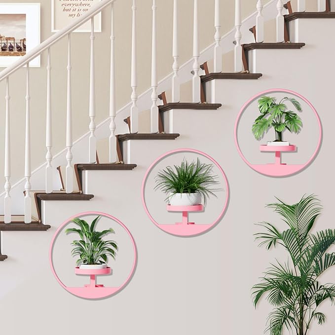 Metal Hanging Plant Stand Indoor, Art Frame Wall Decor Plant Shelf for Living Room, Entryway, Modern Flower Pot Holder for Home Aesthetic Decor, Garden Shears Included (Circle-Pink, 2pcs)