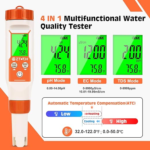 pH Meter for Water, Smart pH TDS EC Meter for Water Hydroponic, 4 in 1 pH Conductivity PPM Temp Meter for Drinking Water, Brewing, Aquarium, Pool, Spa