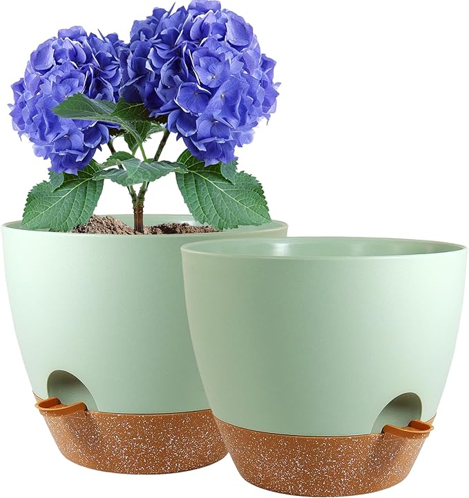 WSMKSZ 8 inch Self Watering Pots, 2 Pack Plastic Planters with Mesh Drainage Holes for Garden Plants and Flower, Plants Pots with Deep Reservoir for Indoor Outdoor Plants, Green with Brown