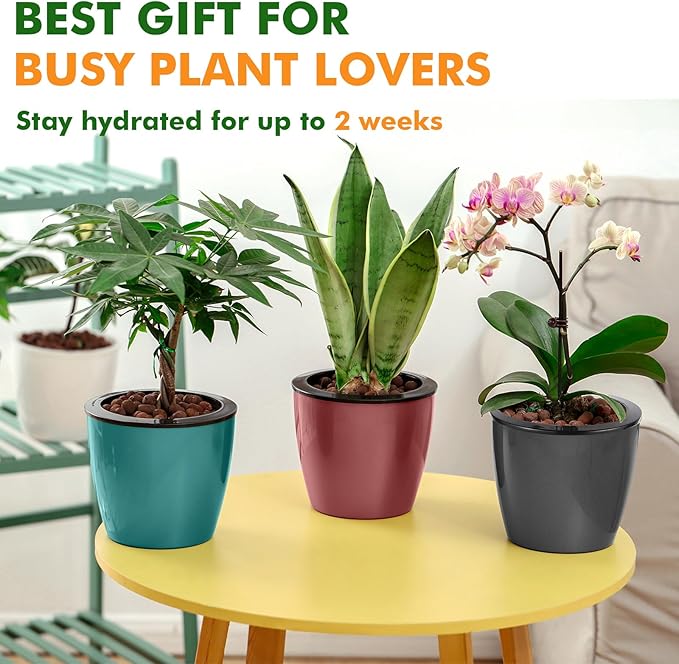 Planterhoma 5/6.7 Inch Self Watering Pots for Indoor Plants, 8 Packs African Violet Pots with Indicator, Black Wick Pot with Drainage Holes, Self Watering Planters for Orchid, Devil's Ivy, White