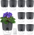 Planterhoma 8 Pack Self Watering Pots for Indoor Plants, 4 Inch Plant Pot Plastic Self Watering Planter for Orchid, African Violet, Small Clear Flower Pots with Drainage Holes and Wicking Rope, Grey