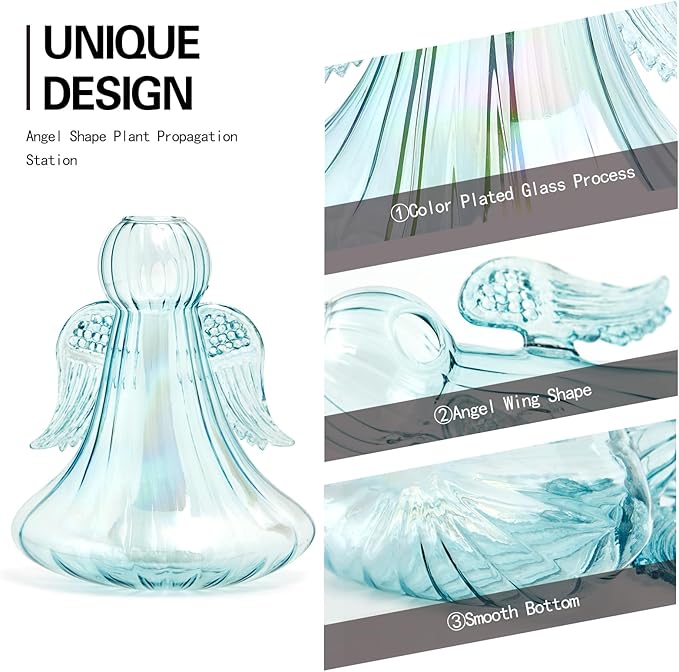 XXXFLOWER Angel Glass Vases Hanging Plant Propagation Station Unique Blue Angel Wings Nature Decor Vintage Style Glass Bottles with Angel Ornament Indoor Plant Terrarium Window Sill Home Wedding Decor