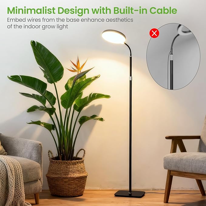 20W Full Spectrum Grow Light for Indoor Plants, 63in Adjustable Floor Lamp with Gooseneck, 4000K Natural Sunlike Light, 3/9/12H Auto On/Off Timer, 10-Level Dimmable for Tall Small Plants
