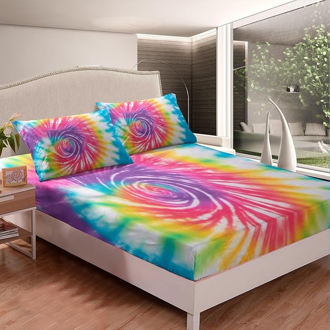Tie Dye Sheet Set, Boho Trippy Swirl Bed Sheets, Bohemian Gypsy Bedding Set, Hippie Style Sheets, Colorful Kids Girls Women Bed Sheet Set Queen, 1 Flat Sheet + 1 Fitted Sheet + 2 Pillow Case, Soft
