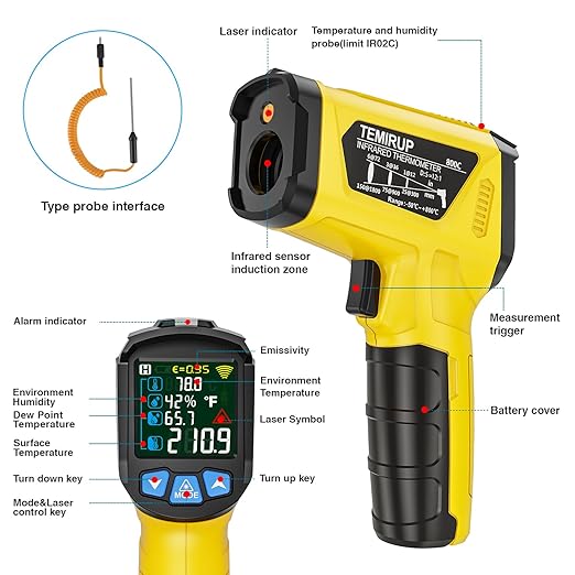Infrared Thermometer Gun -58°F to 1472°F, Digital Temperature Gun/K-Type Probe -14°F~932°F, Humidity Sensor, IR Laser Temp Gun with Color LCD for Cooking Pizza Oven BBQ HVAC Home-Industrial