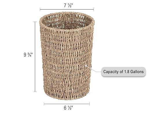 StorageWorks Wicker Waste Basket, Small Trash Can with Handwoven Seagrass, Wicker Garbage Can for Bedroom, Bathroom, 1 Pack