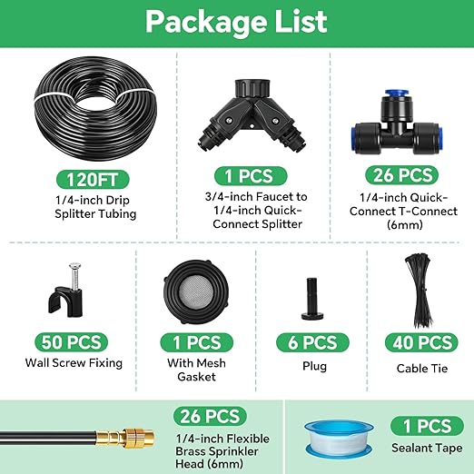 120Ft 1/4" Drip Irrigation System for Garden – 26 Adjustable Copper Nozzles, Automatic Atomizing Sprinkler System for Outdoor Plants Raised Bed, Yard, Potted Plants & Lawn