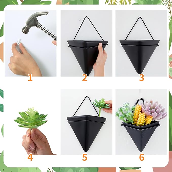 Rtteri 15 PCS Black Wall Hanging Planter Set with Artificial Succulents, 3 Ceramic Geometric Wall Planters in 3 Sizes, Modern Indoor Decor for Living Room Bathroom Office