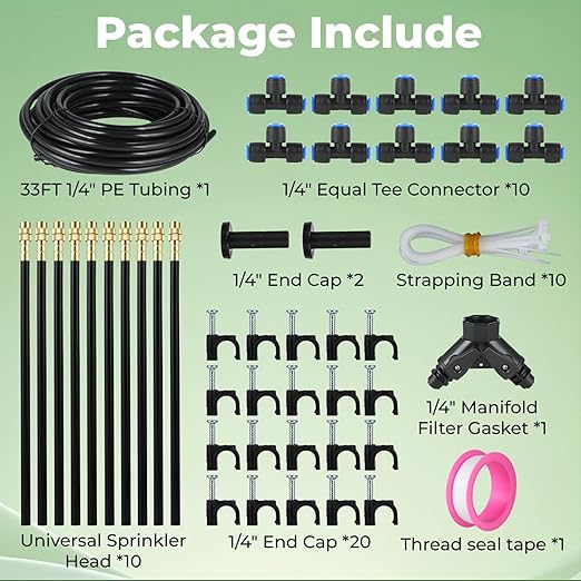Drip Irrigation System for Watering Garden: 31FT Automatic Atomizing Kits with Parts Include Fittings 1/2" 1/4" Tubing Hose Quick Connect 10 PCS Adjustable Sprinklers for Outdoor Lawn Yard Greenhouse