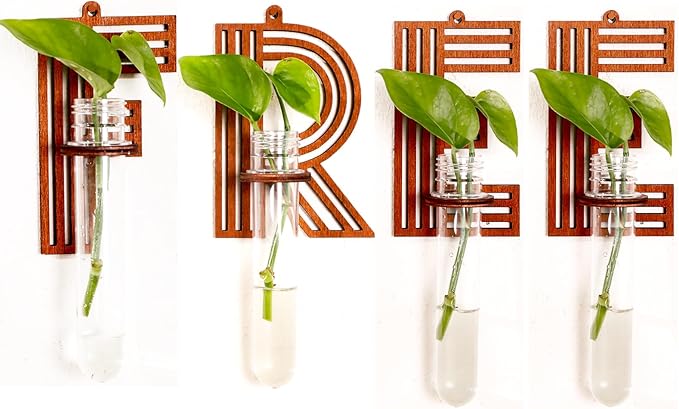 Free Letter Wall Propagation Planters Test Tubes Wall Decor for Hanging Plants Clear Water Plant Vase Brown Wood Upletter Alphabet Functional Art Boho 4 Pack