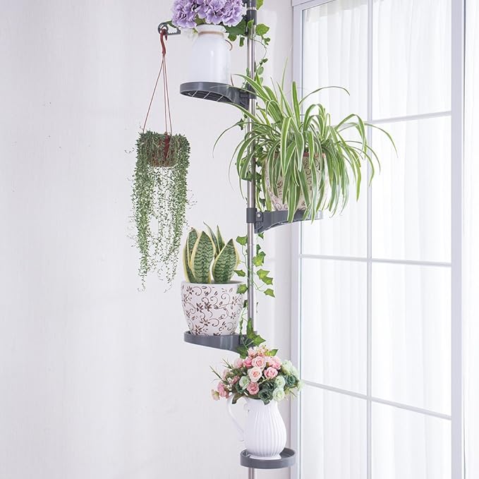 BAOYOUNI 5-Layer Tension Pole Plant Stands Indoor Metal Flower Display Rack Space Saver Floral Pot Hanging Shelf ,Grey
