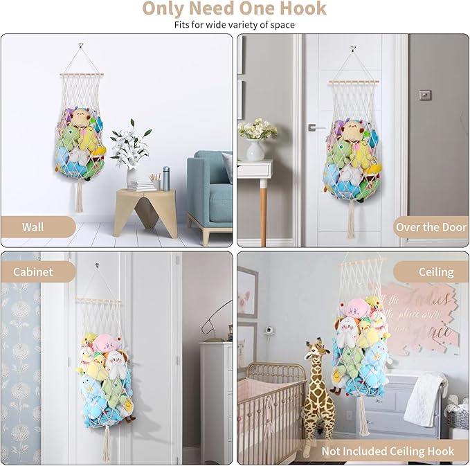 Stuffed Animal Storage Net, 68 Inch Jumbo Macrame Vertical Stuffed Animals Hammock Corner, Wall Ceiling Hanging Stuffy Hammock Plushie Holder Display for Kid Boy Girl Gift Boho Nursery Decor (Cream)