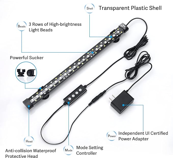 hygger 24/7 Mode Submersible Aquarium LED Light, Full Spectrum Hidden Fish Tank Light with 3 Rows Beads 7 Colors Auto On Off Sunrise-Daylight-Moonlight, Adjustable Timer Brightness