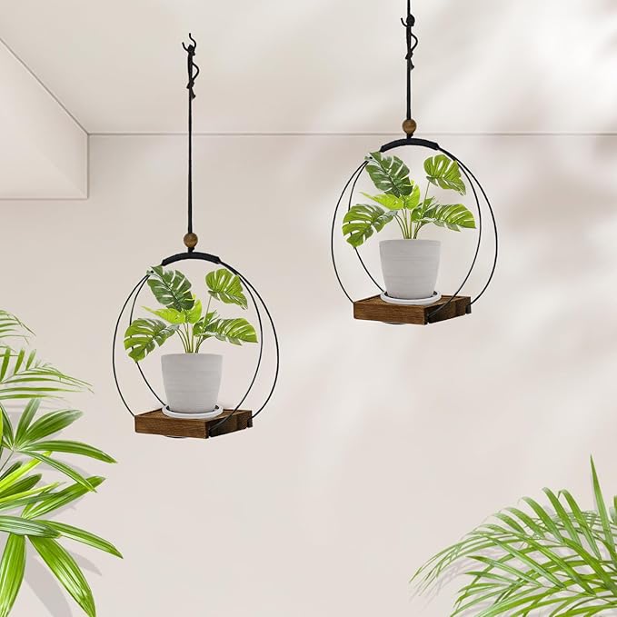 hismocal Hanging Planter for Indoor Plants,Plant Hanger with Sturdy Wood Base & Pot, Modern Boho Macrame Plant Hanger,Wall Ceiling Window Stands(2 Pack+Pots)