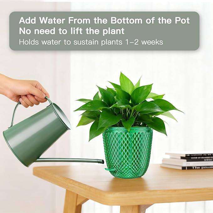 QCQHDU Hanging Planters for Indoor Plants, 2-Pack 5.7 Inch Self Watering Hanging Pots, Plastic Plant Hanger with Drainage Holes and 3 Hooks Chains for Garden Home (Emerald)