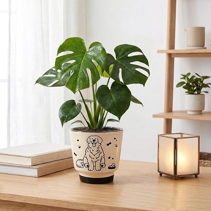 STHIE 5 Inch Ceramic Planters for Indoor Plants, Round Plant Pots with Drainage, Decorative Cute Flower Pot, Cactus Snake Planter for Windowsill (Sweet Dog)