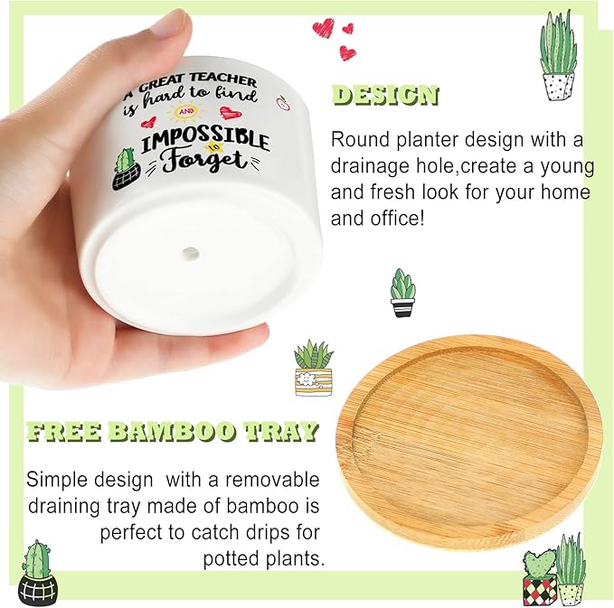 Potchen 6 Pcs Teacher Appreciation Gifts Funny Succulent Pots with Bamboo Tray End of Year Teacher Gifts Graduation Thank You Planter Accessories for Women, Coworker