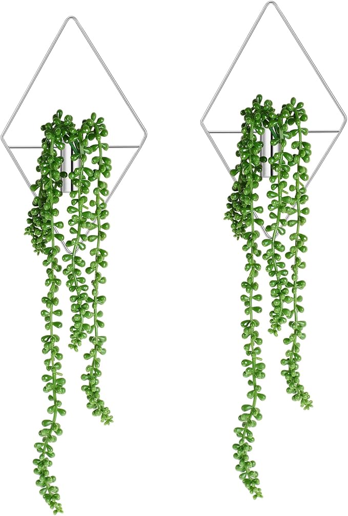 Canlierr 2 Pieces Wall Decor Hanging Planters with Artificial Plants Metal Hanging Vase Indoor Plants Holder Modern Boho Wall Art for Bathroom Bedroom Living Room Decor, Silver, Succulents