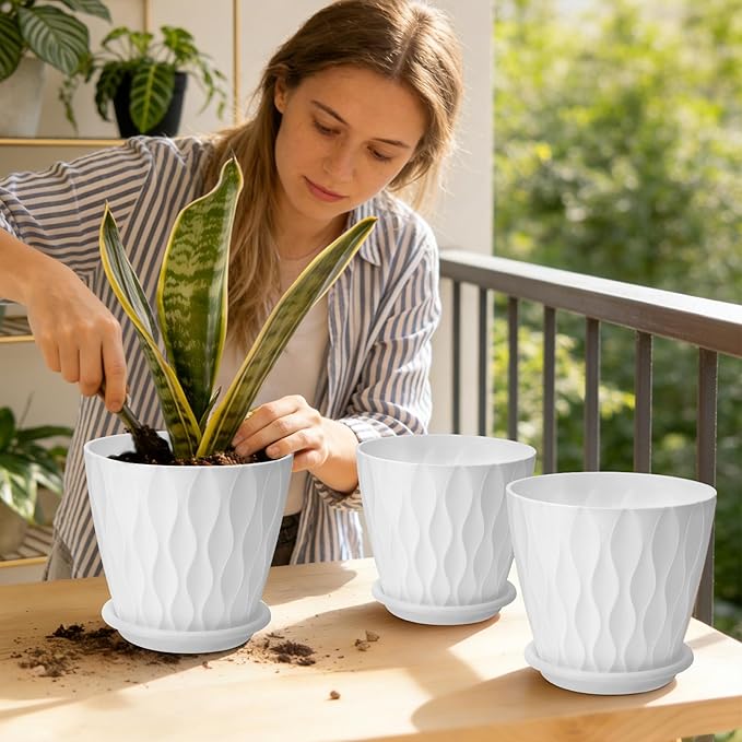 YNNICO 6 inch Plant Pots, 6 Pack Flower Pots Outdoor Indoor, Planters with Drainage Hole and Tray Saucer-White