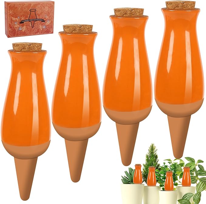 4 Packs Ollas Plant Watering Globes, 12 Oz Terracotta Self Watering Planter Insert, Automatic Watering Devices, Clay Drip Irrigation Stake for Indoor & Outdoor Plants, 1 Week Easy to Refill(Orange)