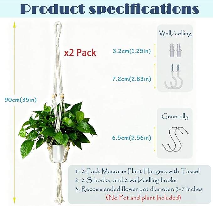 2-Pack Macrame Plant Hangers with Tassel, 35 Inch Boho Hanging Planters with 4 Hooks for Indoor, Handwoven Cotton Rope Holder for Home Decor (No Pot Included)