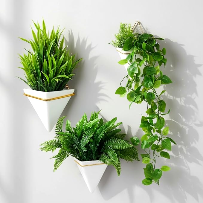 Rtteri 15 PCS Wall Hanging Planter Set with Artificial Greenery, 3 Ceramic Geometric Wall Planters in 3 Sizes, Modern Indoor Decor for Living Room Bathroom Office