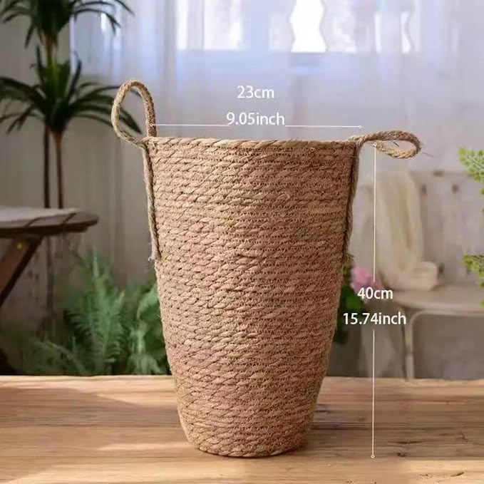 Tall Rattan Woven Planter Basket for Indoor Plants – Grass Flower Pot with Handles & PP Liner, Farmhouse Storage Basket, Multi-Functional Rustic Planter for Home Decor (Large)