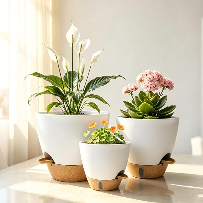 MNKXL 4-Pack Large Self Watering Pots for Indoor Plants, 12/10/9/8 Inch Planters with Visible Water Level Window, Automatic Watering System for Monstera, Fiddle Leaf, Herbs, Succulents, White