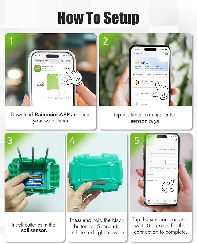 RAINPOINT WiFi Soil Moisture Sensor - Wireless Soil Moisture Sensor - Must be Used with TTV103WRF or TTV203WRF WiFi Sprinkler Timer and TWG004WRF WiFi Hub (Only Include Soil Tester)