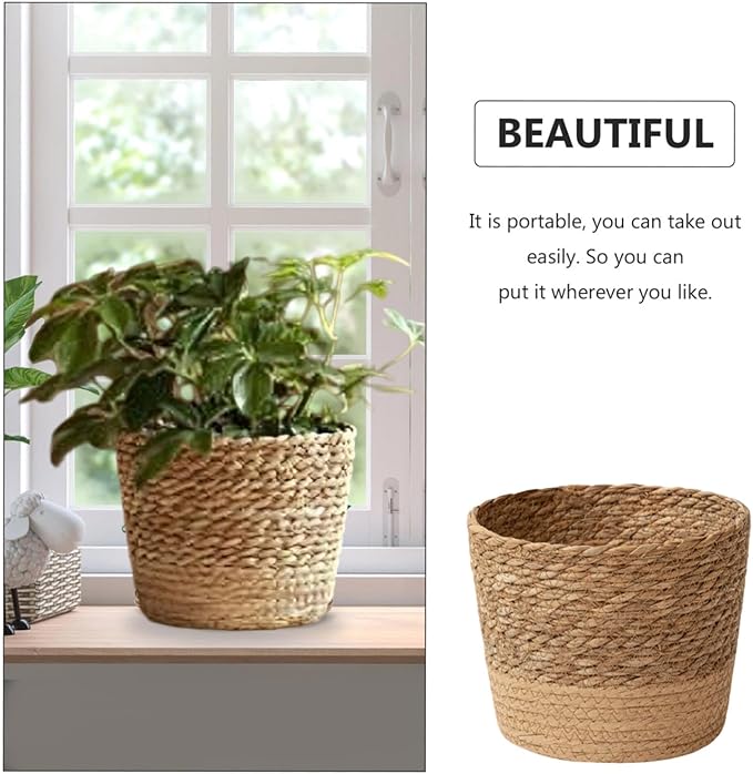 Woven Flower Pot Basket, Seagrass Storage Organizer Planter, Rustic Decorative Plant Containers Cover Laundry Bin for Porch Living Room Entryway (Khaki, 6.9Inch)