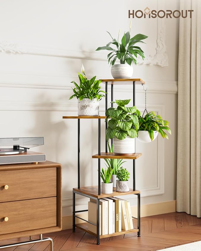 Homsorout Plant Stand Indoor, 5-Tier Tall Plant Stand Indoor, Metal Plant Shelf with Hanging Basket Hook, Ideal Corner Plant Table for Living Room, Balcony, Garden, Patio (Brown)