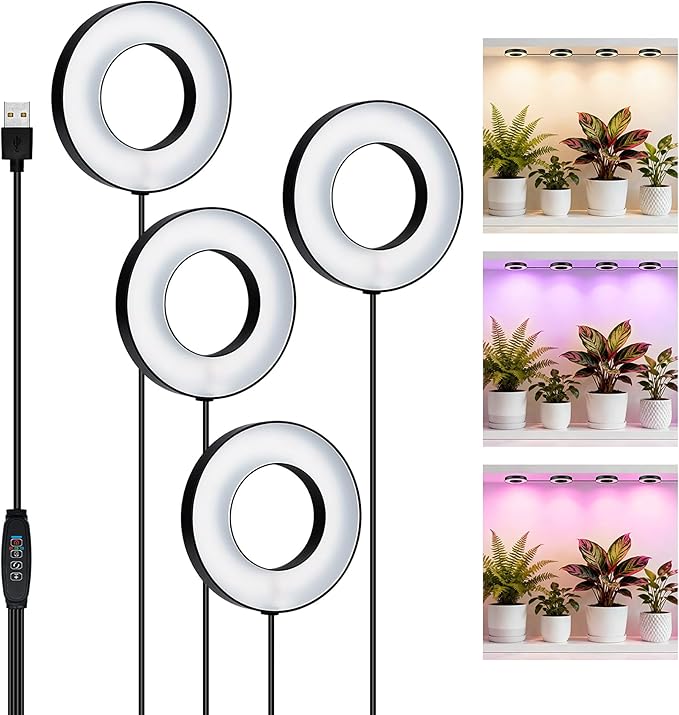Mcbazel Ceiling Grow Lights for Indoor Plants, with 3/9/12H Auto Timer Switch, 3 Colors,10 Dimming, Quad Head, Corded, Mini Growing Lamp for Pot Plants, Succulents, Shelves