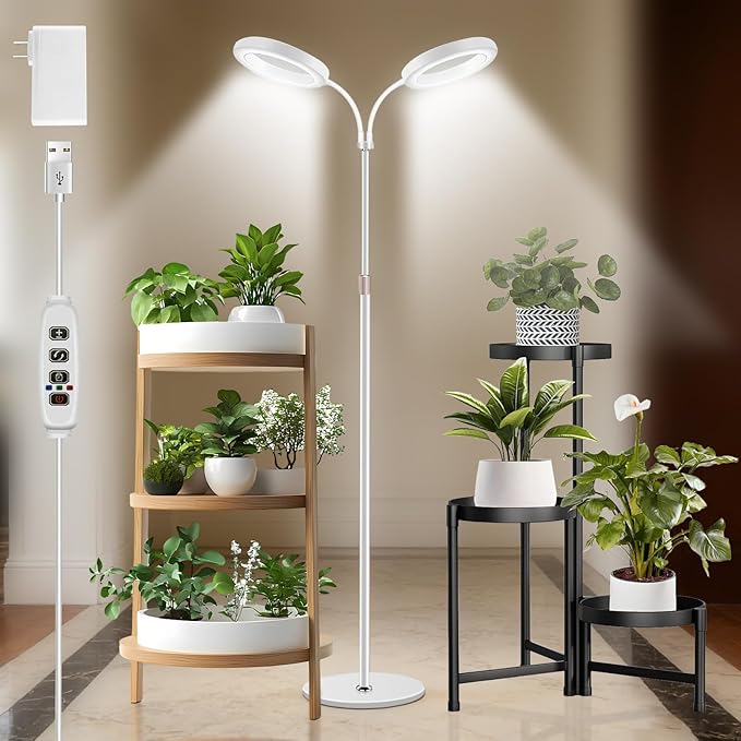 Floor Grow Lights for Indoor Full Spectrum Plant Lighting with Adjustable 67" Stand for Growing Large Tall Plants 3/9/12H Timer,3 Light Modes, 2Heads