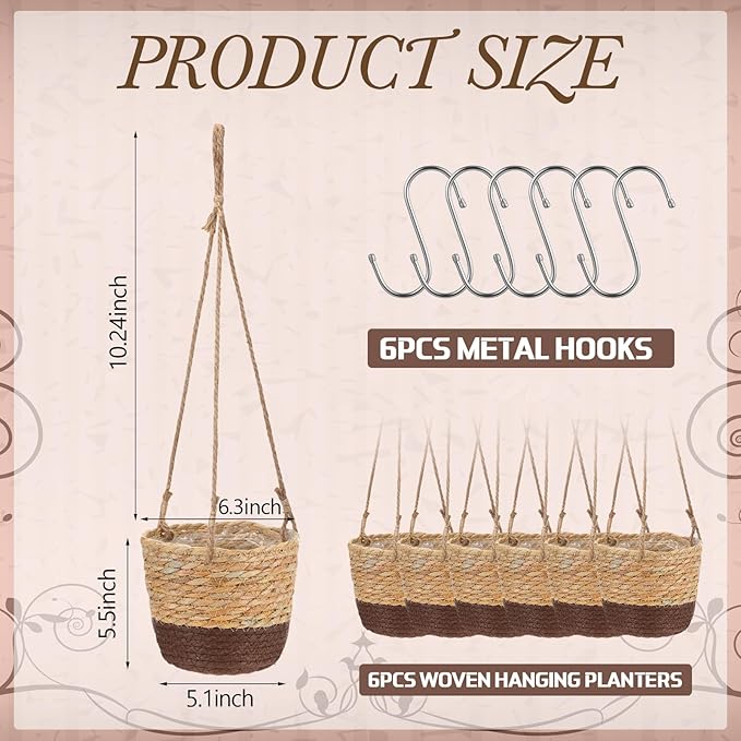 6 Pcs Seagrass Hanging Planter Basket Hand Woven Plant Basket with Plastic Liners Hanging Plant Holder Storage Containers with Cotton Rope for Indoor Garden Decor (Small,Brown,Coffee Brown)